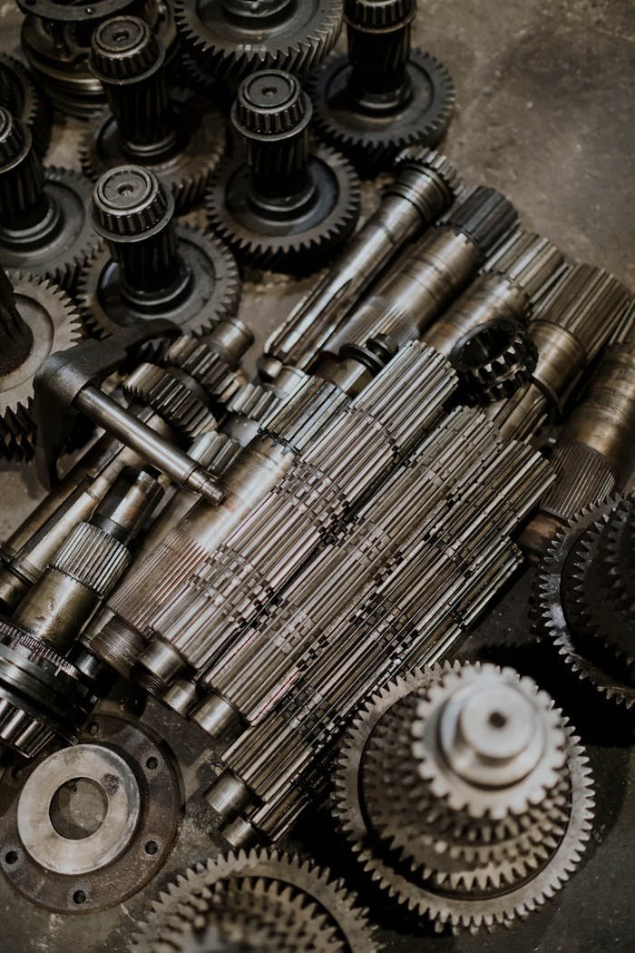 Close-up of metallic cogs and gears showcasing intricate machinery design for industrial use.